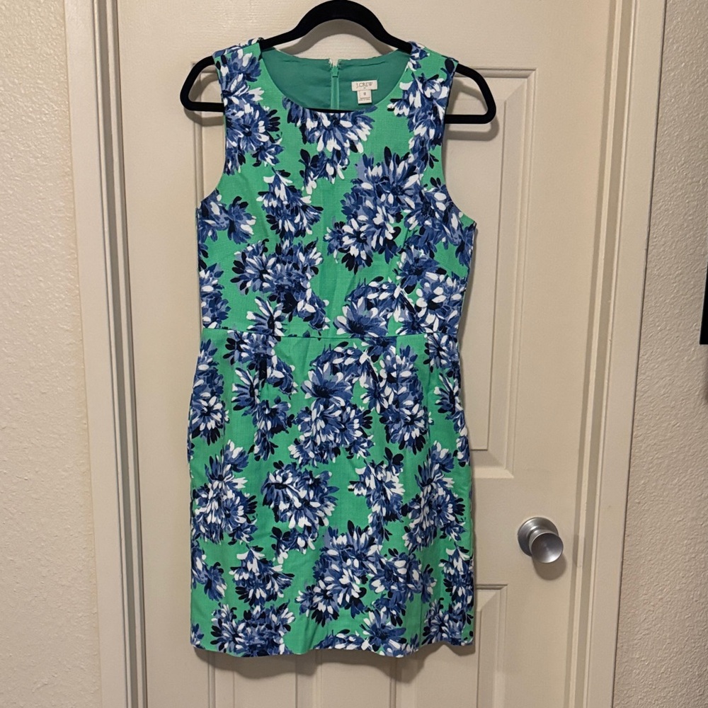 J. Crew Green Sleeveless Dress with Blue Floral Print